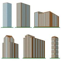 Set of six modern high-rise building on a white background. View of the building from the bottom. Isometric vector illustration.