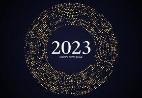 2023 Happy New Year of gold glitter pattern in circle form. Abstract gold glowing halftone dotted background for Christmas holiday greeting card on dark background. Vector illustration