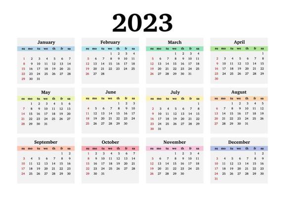 Salendar for 2023 isolated on a white background. Sunday to Monday, business template. Vector illustration