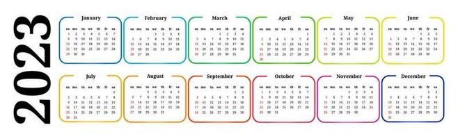 Horizontal calendar for 2023 isolated on a white background. Sunday to Monday, business template. Vector illustration