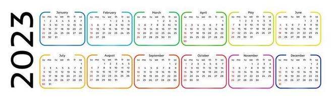 Horizontal calendar for 2023 isolated on a white background. Sunday to Monday, business template. Vector illustration