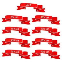 Set of red sale ribbons with different discount values. Sale label template. Vector illustration