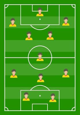 Football field with green grass and with eleven players. Vector illustration