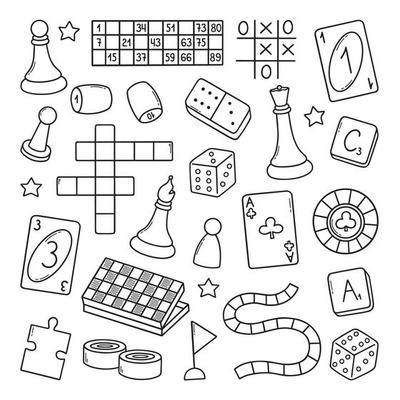 Board games doodle set. Checkers, chess, cards, backgammon in sketch style. Hand drawn vector illustration isolated on white background