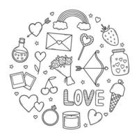 Valentine's Day doodle set. Love elements in sketch style. Hand drawn vector illustration isolated on white background