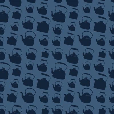 Seamless Blue Pattern with Kettle. Vector background with different teapots. Endless kitchen texture.