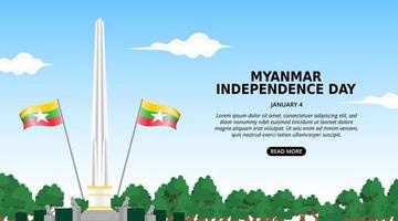 fondo del día de la independencia de myanmar con jardín del monumento a la independencia y bandera ondeante vector