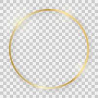 Gold shiny round frame with glowing effects and shadows on transparent background. Vector illustration