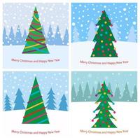 Set of four Christmas tree with bright toys in the forest in snowy weather. Vector illustration