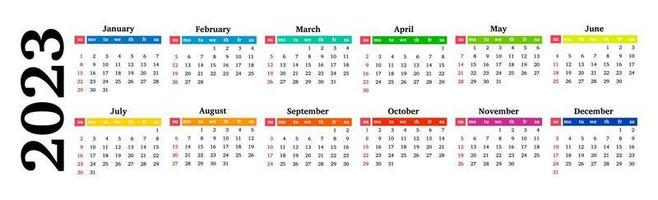 Horizontal calendar for 2023 isolated on a white background. Sunday to Monday, business template. Vector illustration