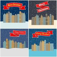 Set of four vector illustration with night city with red ribbons with the inscription Happy Christmas.