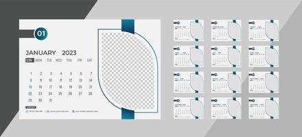 calendario de fotos mensual de escritorio 2023. diseño de calendario de fotos horizontal mensual simple para el año nuevo 2023 en inglés. calendario de portada y plantillas de 12 meses. vector