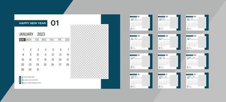 Desk Monthly Photo Calendar 2023. Simple monthly horizontal photo calendar Layout for 2023 new year in English. Cover Calendar and 12 months templates. vector