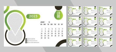 calendario de fotos mensual de escritorio 2023. diseño de calendario de fotos horizontal mensual simple para el año nuevo 2023 en inglés. calendario de portada y plantillas de 12 meses. vector