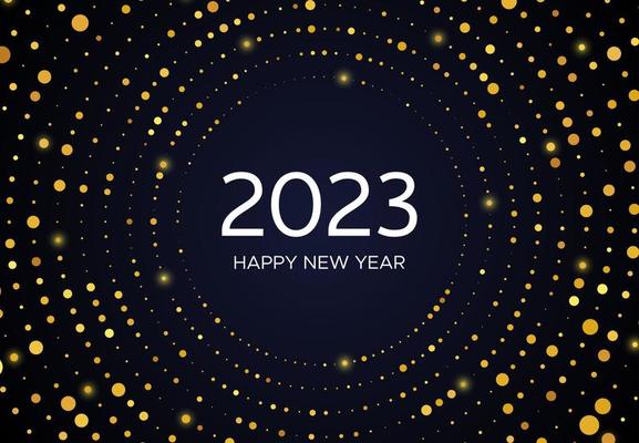 2023 Happy New Year of gold glitter pattern in circle form. Abstract gold glowing halftone dotted background for Christmas holiday greeting card on dark background. Vector illustration