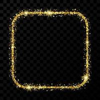 Gold glitter frame. Square with rounded corners frame with shiny sparkles on dark transparent background. Vector illustration