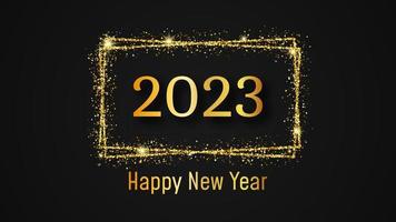 2023 Happy New Year background. Gold inscription in a gold glitter rectangle for Christmas holiday greeting card, flyers or posters. Vector illustration