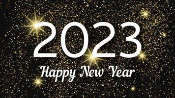 2023 Happy New Year gold background. Abstract backdrop with a white inscription on dark for Christmas holiday greeting card, flyers or posters. Vector illustration