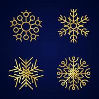 Gold glitter snowflakes. Set of four gold glitter snowflakes on blue background. Christmas and New Year decoration elements. Vector illustration.