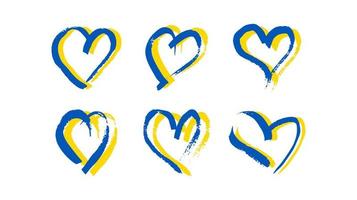 Hand drawn hearts in Ukrainian colors. Set of six grunge yellow and blue doodle hearts on white background. Vector illustration