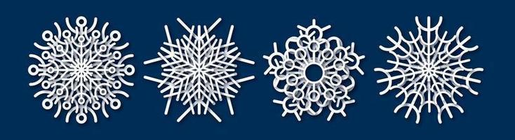 Paper cut snowflake. Set of four white snowflakes on blue background. Christmas and New Year decoration elements. Vector illustration