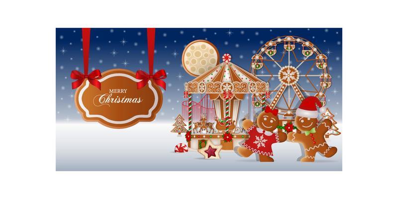christmas background with gingerbread cookies. gingerbread landscape with funfair, gingerbread man and gingerbread woman