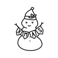 Doodle winter illustration of a snowman with a carrot and a Santa hat. Xmas. Design greeting cards, posters, gift wrapping. vector