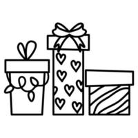 Single hand drawn New Year and Christmas gift boxes. Doodle for greeting cards, posters, stickers and seasonal design. vector