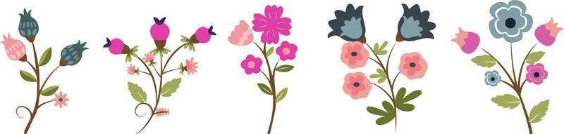 hermosas flores multicolores y borde de hojas. ilustración de vector plano botánico de primavera sobre fondo blanco