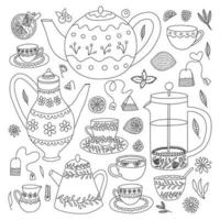 Vector tea ceremony hand drawn set. Tea collection vector doodle set. Teapot, cup, flowers, desserts, jam and croissant isolated. Breakfast ideas