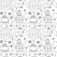 Vector doodle tea collection seamless pattern. Hand drawn teapots and teabags pattern on white background.