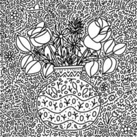 Doodle coloring page vase with flowers. Cute coloring vase with flowers bouquet. vector