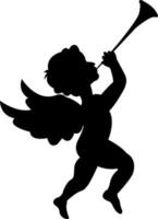 Cupid plays the trumpet. Silhouette.Symbol of love, wedding and Valentine's day. Romance. vector