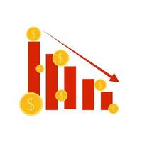 Red arrow pointing down with declining bar graph vector