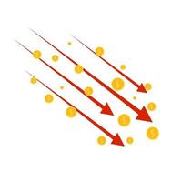 Vector isolated red arrow and coins going down, loss of financial.