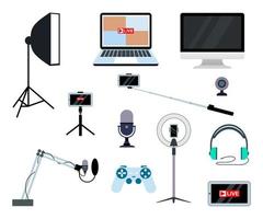 Set of Equipments for streamers and blogger on white background. vector