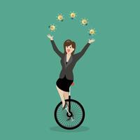 Business woman juggling the light bulb on unicycle vector