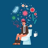 Businessman sitting on toilet bowl and suffering from diarrhea with bacteria in background vector