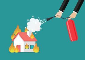 Businessman with fire extinguisher is fighting with the burning house vector