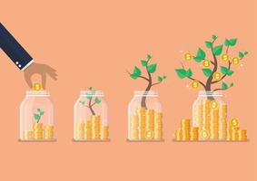 Step of Hand saving coins in glass jars with money trees vector