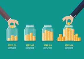 paso de mano ahorrando monedas en frascos de vidrio infografía vector