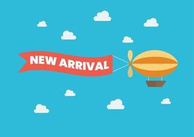 Airship pulls the banner with word NEW ARRIVAL on it vector