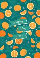 tarjeta de felicitación brillante, navidad, feliz año nuevo con elementos decorativos navideños festivos. fondo verde con ramas de árboles de Navidad, naranjas y copos de nieve. ilustración vectorial vector