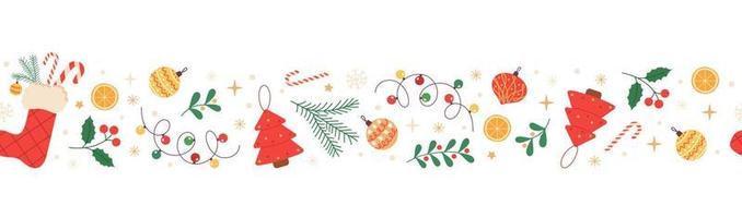 Christmas horizontal seamless border with holly, christmas stocking, snowflakes, candy cane and christmas decorations. Festive pattern for greeting cards, banners, invitations, textiles. vector