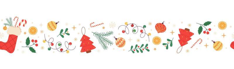 Christmas horizontal seamless border with holly, christmas stocking, snowflakes, candy cane and christmas decorations. Festive pattern for greeting cards, banners, invitations, textiles.