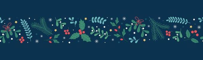 Christmas seamless border with mistletoe, holly, christmas tree and berries. Pattern with branches and decorations is suitable for postcards, invitations, textiles. Vector float cartoon design.