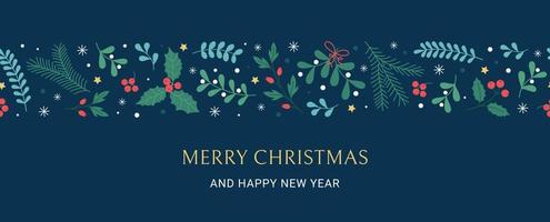 Christmas greeting card, banner with fir branches and holly berry border. vector