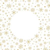 Abstract Christmas white background with a round frame of gold snowflakes, snow and copyspace in the center. Vector illustration.