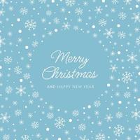 Christmas greeting card with a round frame of white snowflakes, snow on a blue background. Vector illustration.