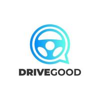 diseño del logotipo de la escuela de conducción con icono de chat y volante, formación, vehículo, transporte y transporte vector